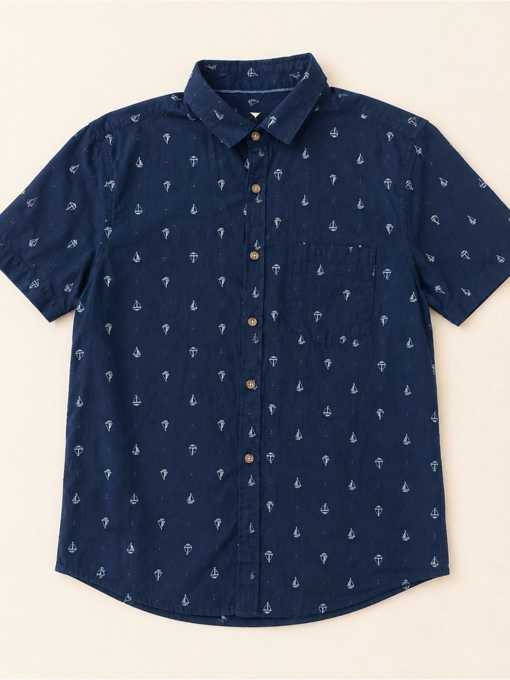 Women's Navy Short-Sleeve Button-Up Shirt with Sailboat Print in Washable Linen